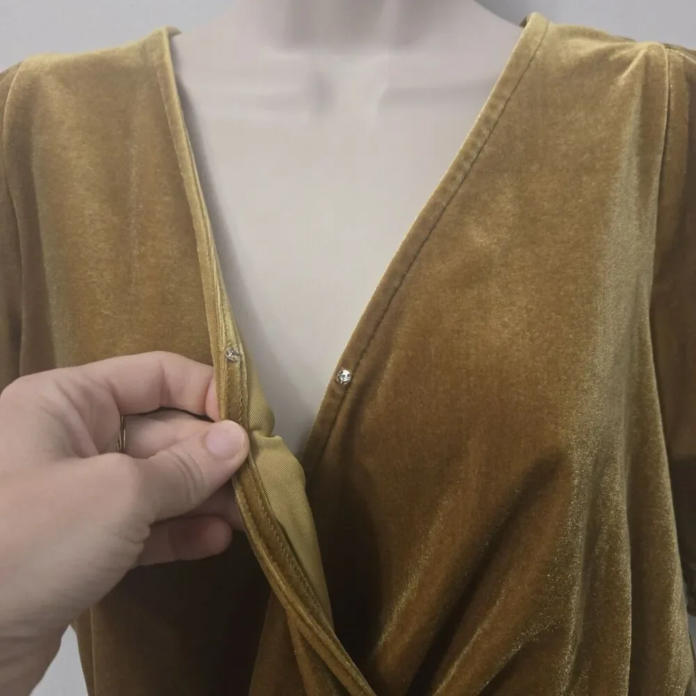 Madewell Velvet Wrap Top XS Mustard Gold Puff Sleeve Renaissance Boho Whimsigoth